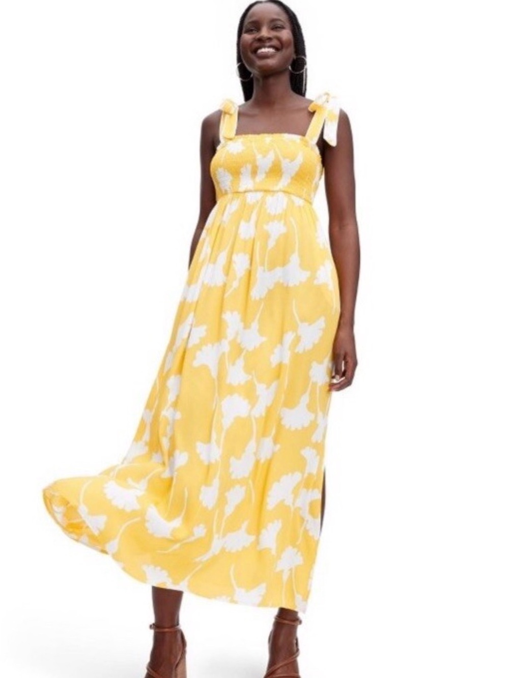 Diane Von Furstenberg Yellow and White Floral Tie-Shoulder Maxi Dress